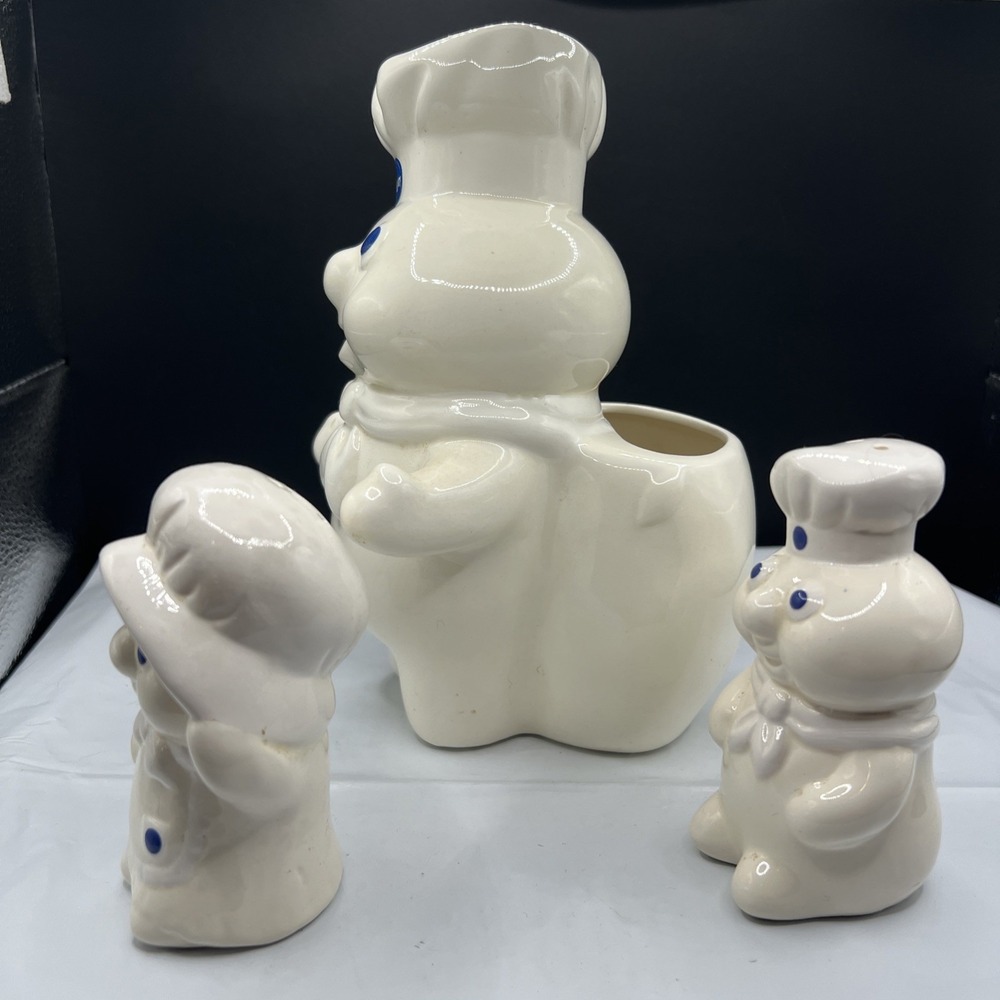 1988 3pc Lot Pillsbury Doughboy Ceramic Utensil Holder and Salt & Pepper Shakers - Picture 3 of 9